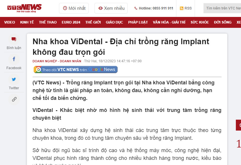 Dịch vụ trồng răng implant tại ViDental được báo VTC đánh giá cao